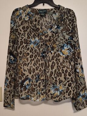 Lemon Grass Floral Leopard Print Long-Sleeve Blouse - Olive Blue SZ XL